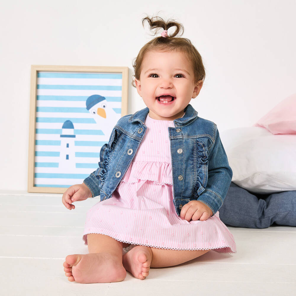 iDO-Baby Girls Pink Striped Cotton Dress with Ruffle | Childrensalon Outlet