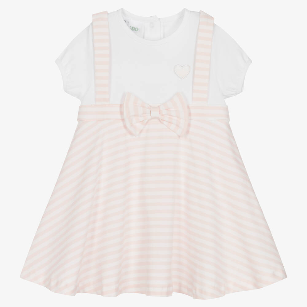 iDO Mini - فستان قطن جيرسي مقلم لون زهري وأبيض للمولودات | Childrensalon