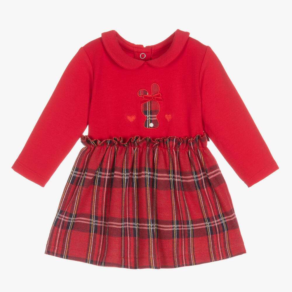 iDO Mini - فستان قطن جيرسي تارتان لون أحمر للمولودات | Childrensalon