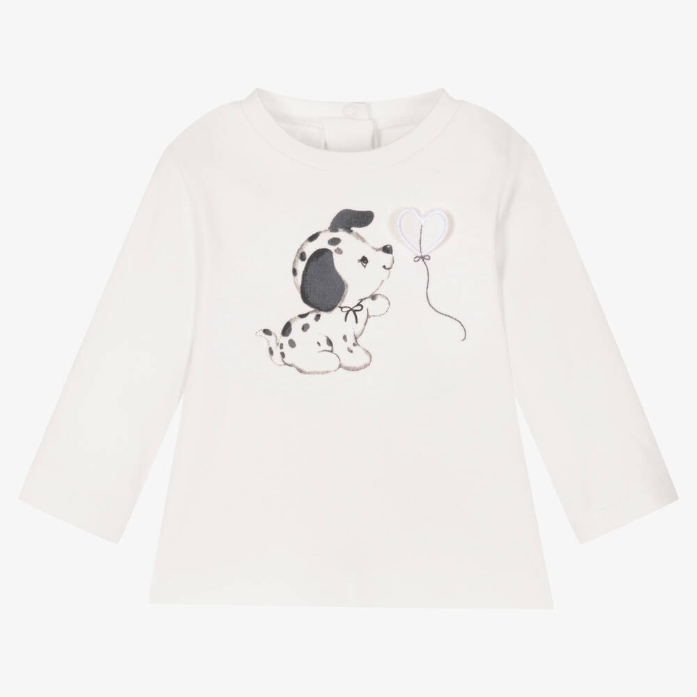 iDO Mini - Weißes Baby-Baumwolloberteil mit Hundemotiv für Mädchen  | Childrensalon