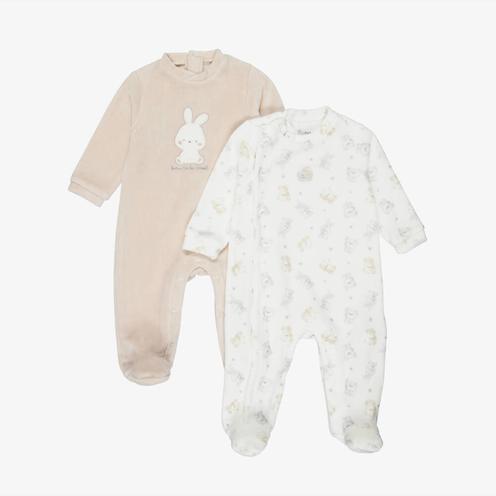 iDO-Beige & Ivory Velour Bunny Rabbit Babygrows (2 Pack) | Childrensalon Outlet