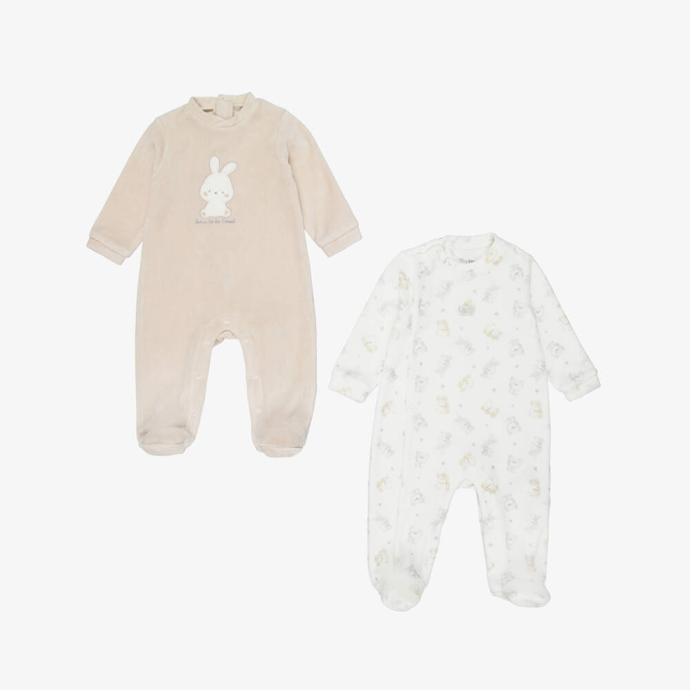 iDO-Beige & Ivory Velour Bunny Rabbit Babygrows (2 Pack) | Childrensalon Outlet