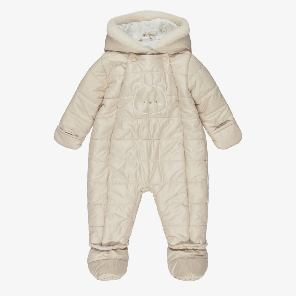 iDO-Beige Puffer Snowsuit with Embroidered Teddy Bear | Childrensalon Outlet