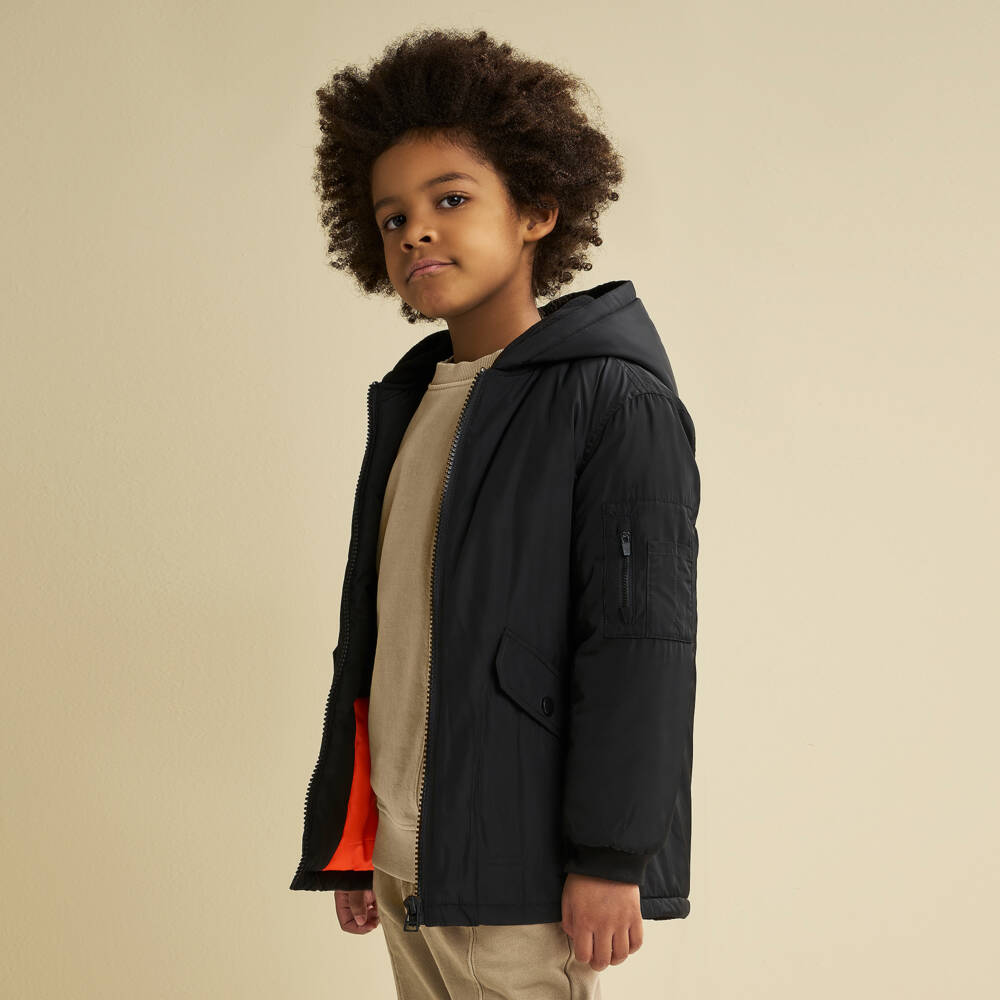 iDO-Black Hooded Long Coat | Childrensalon Outlet