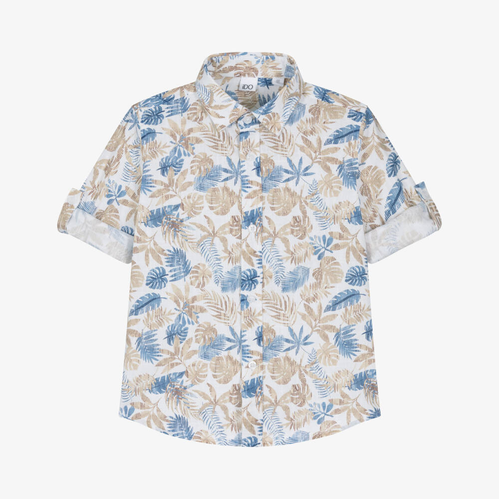 iDO-Boys Beige & Blue Palm Leaf Print Shirt | Childrensalon Outlet