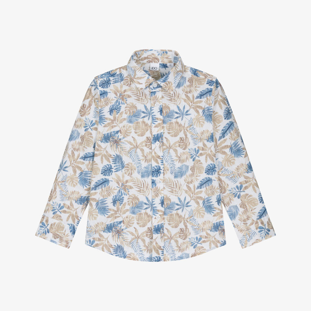 iDO-Boys Beige & Blue Palm Leaf Print Shirt | Childrensalon Outlet