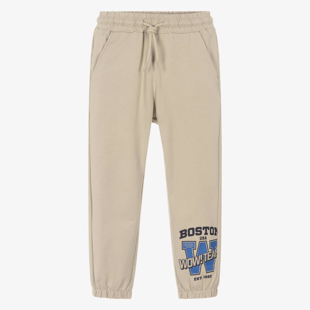 iDO-Boys Beige Cotton Joggers with Varsity Style Motif | Childrensalon Outlet