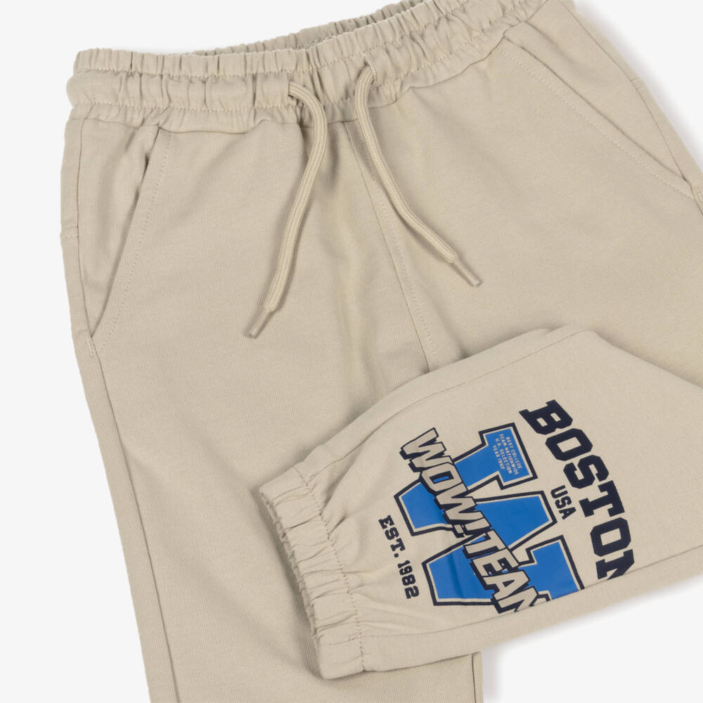 iDO-Boys Beige Cotton Joggers with Varsity Style Motif | Childrensalon Outlet
