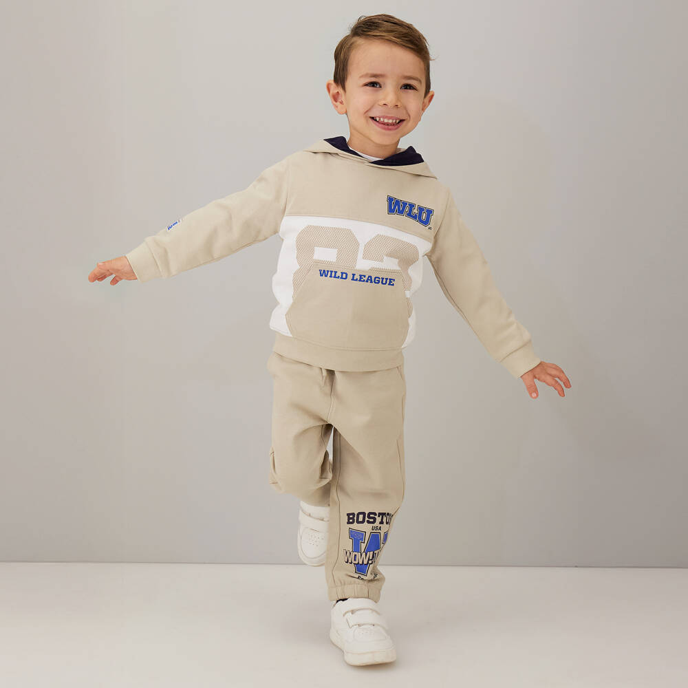 iDO-Boys Beige Cotton Joggers with Varsity Style Motif | Childrensalon Outlet