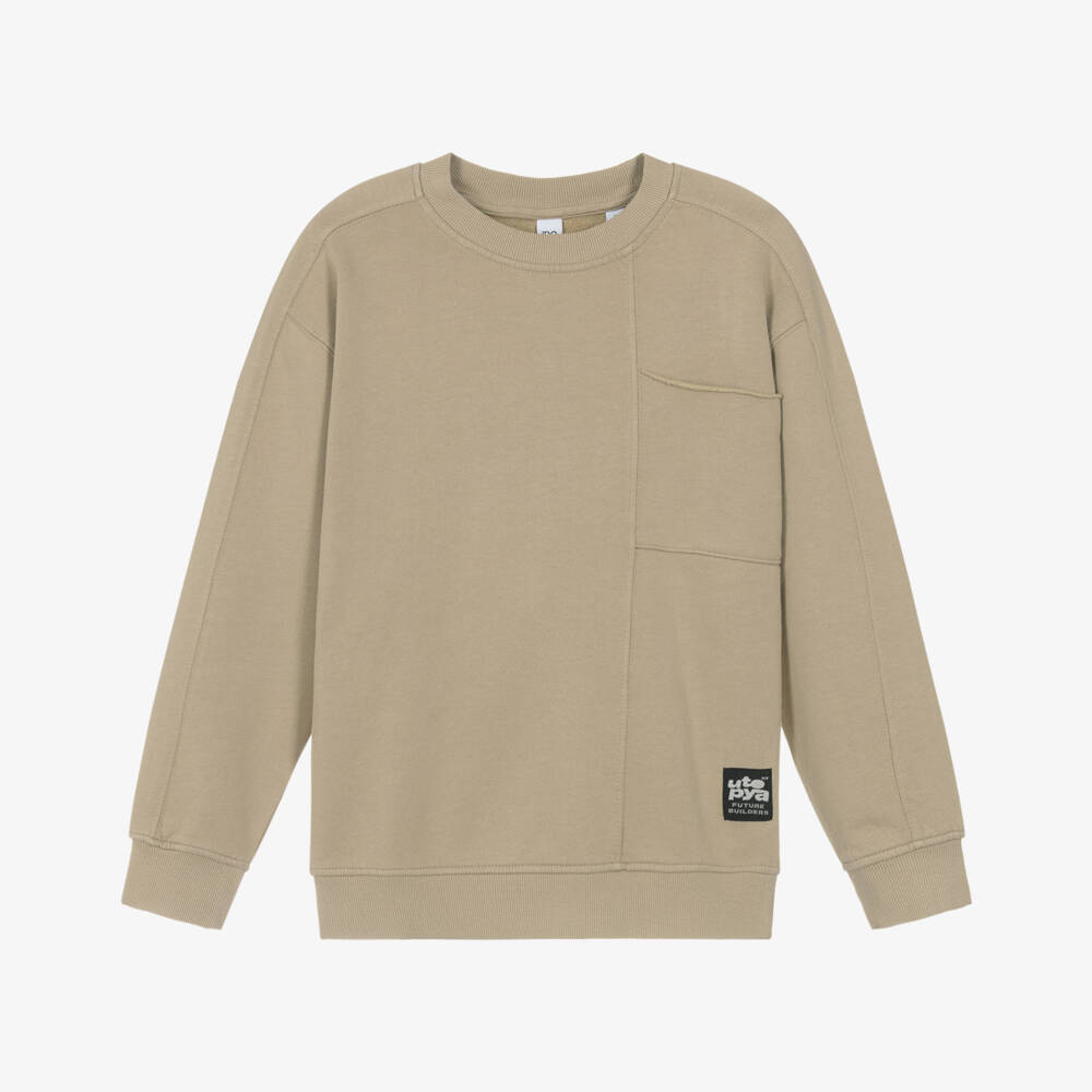 iDO-Boys Beige Cotton Oversized Sweatshirt with Black Logo Print | Childrensalon Outlet