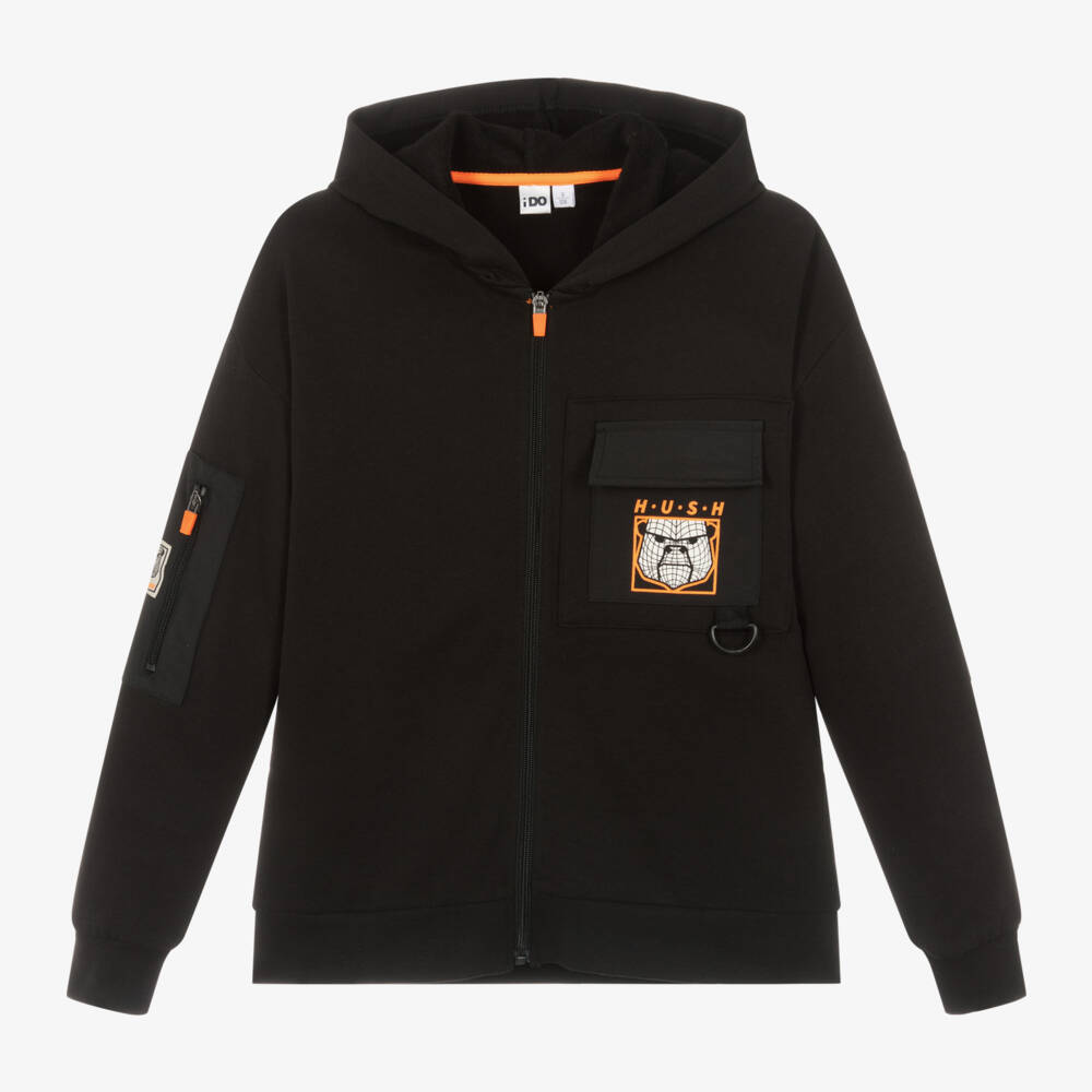iDO Junior-Boys Black Cotton Hoodie with Zip | Childrensalon Outlet
