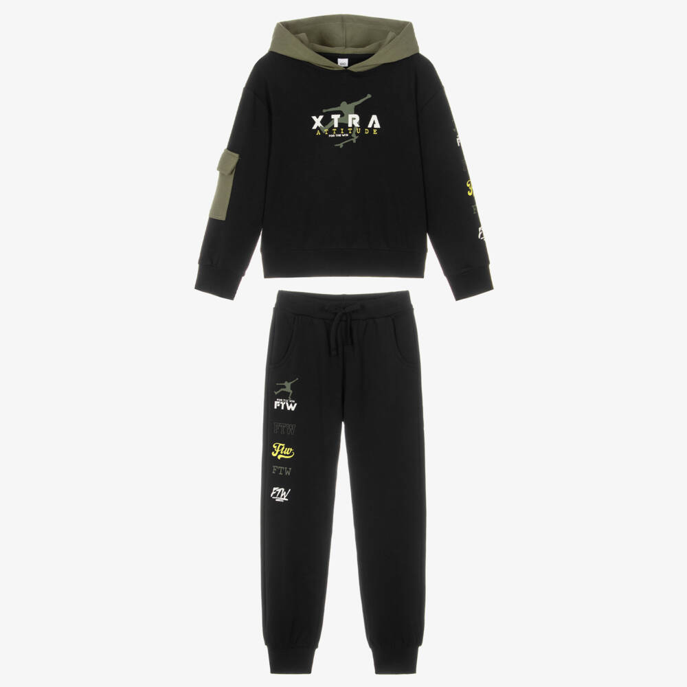 iDO-Boys Black & Green Slogan Print Hooded Tracksuit | Childrensalon Outlet