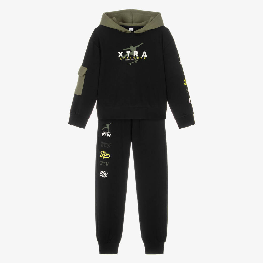iDO-Boys Black & Green Slogan Print Hooded Tracksuit | Childrensalon Outlet