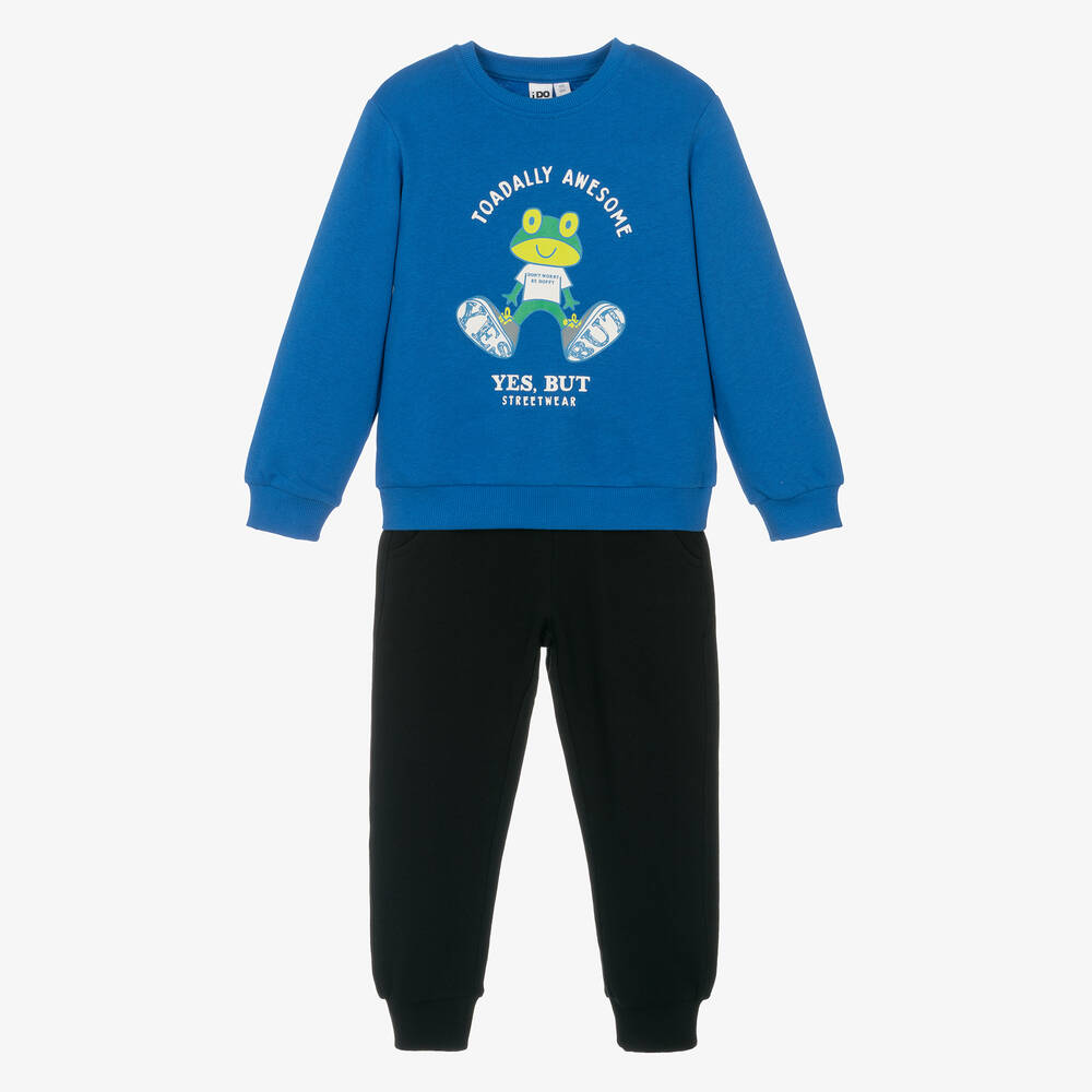 iDO Baby - Jogginganzug aus Baumwolle in Blau und Schwarz mit Froschmotiv für Jungen  | Childrensalon