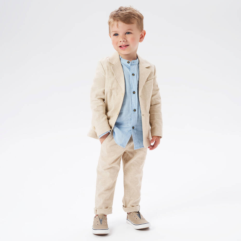iDO Baby Boys Blue Collarless Linen Shirt Childrensalon Outlet