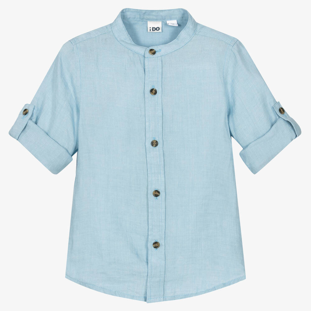 iDO Baby-Boys Blue Collarless Linen Shirt | Childrensalon Outlet