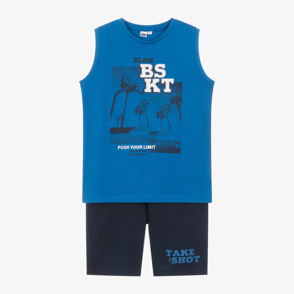 iDO Junior-Boys Blue Cotton Basketball Shorts Set | Childrensalon Outlet