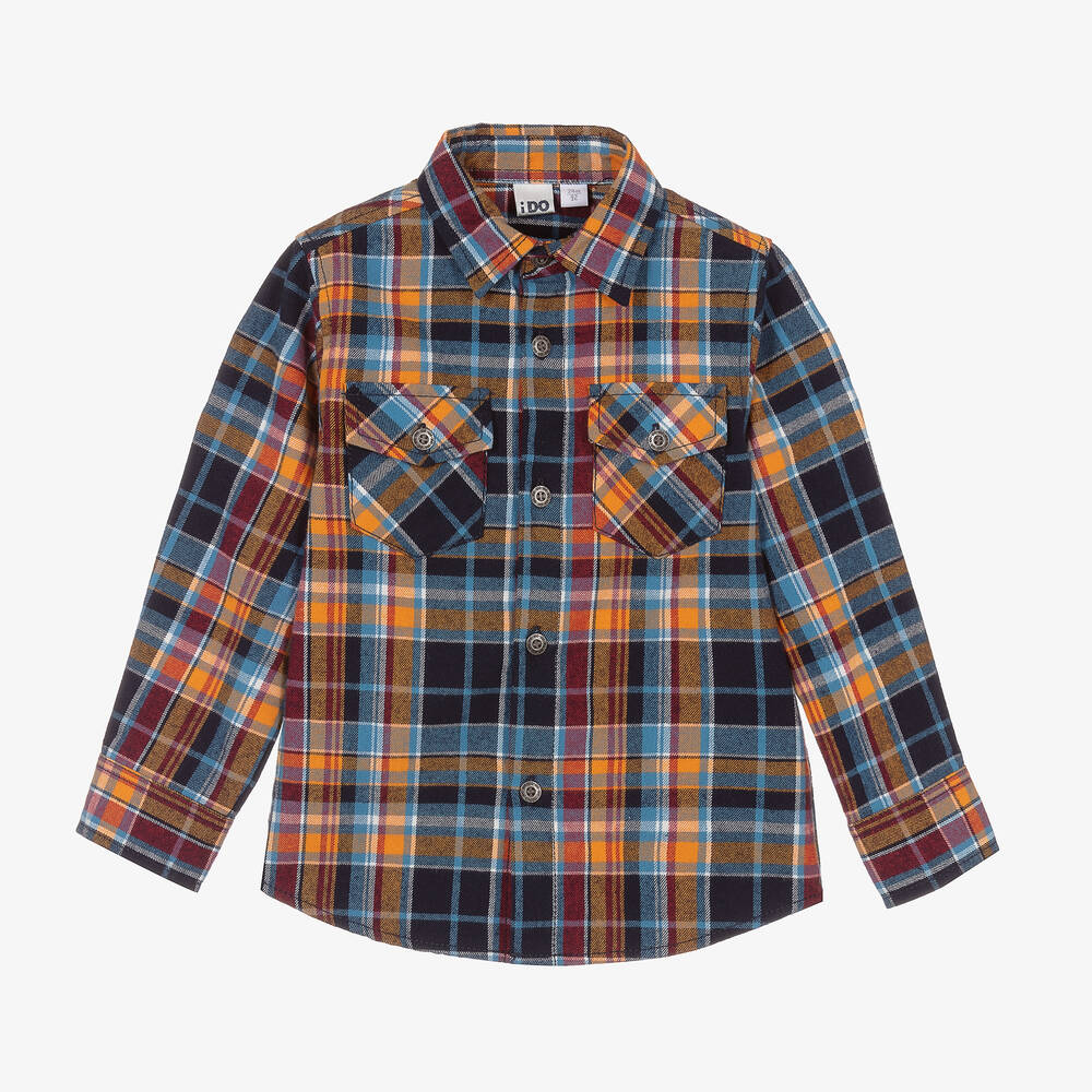 iDO Baby - Boys Blue Cotton Check Shirt | Childrensalon