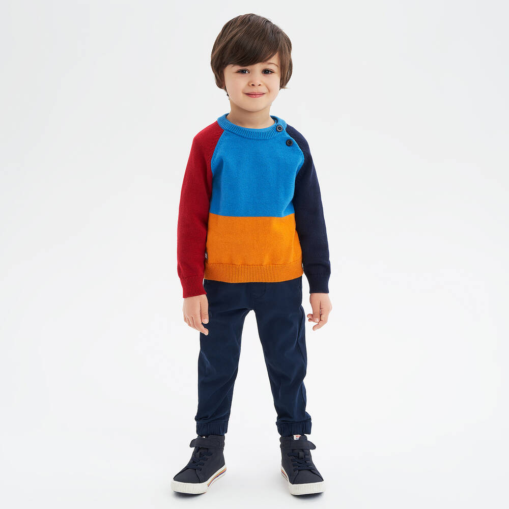 iDO Baby-بلوفر مزيج قطن لون أزرق بألوان بلوك للأولاد | Childrensalon Outlet