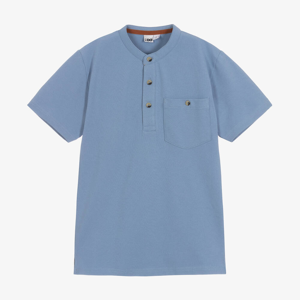 iDO Junior - Boys Blue Cotton Piqué Henley Shirt | Childrensalon