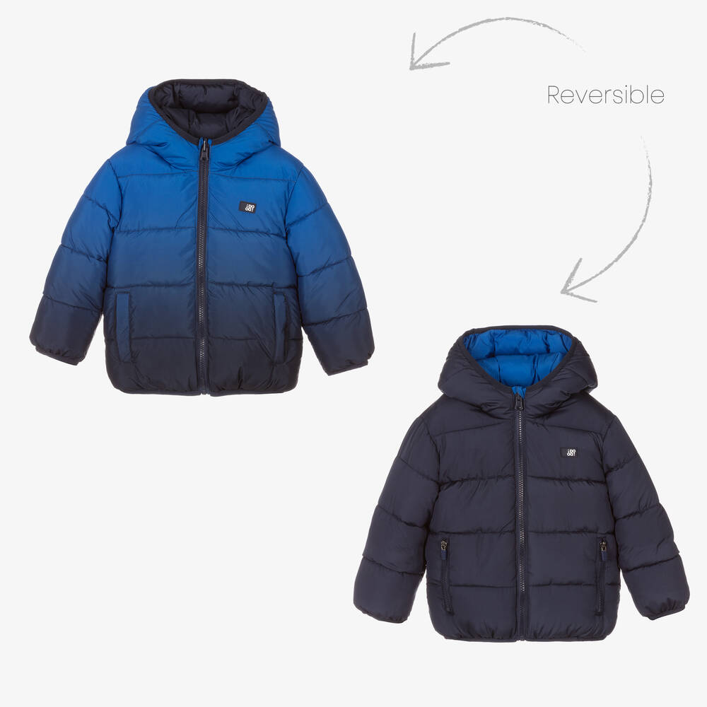 iDO Baby - Boys Blue Reversible Hooded Puffer Coat | Childrensalon