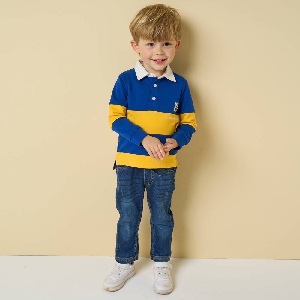 iDO Baby-توب رغبي مقلم قطن جيرسي لون أزرق وأصفر للأولاد | Childrensalon Outlet