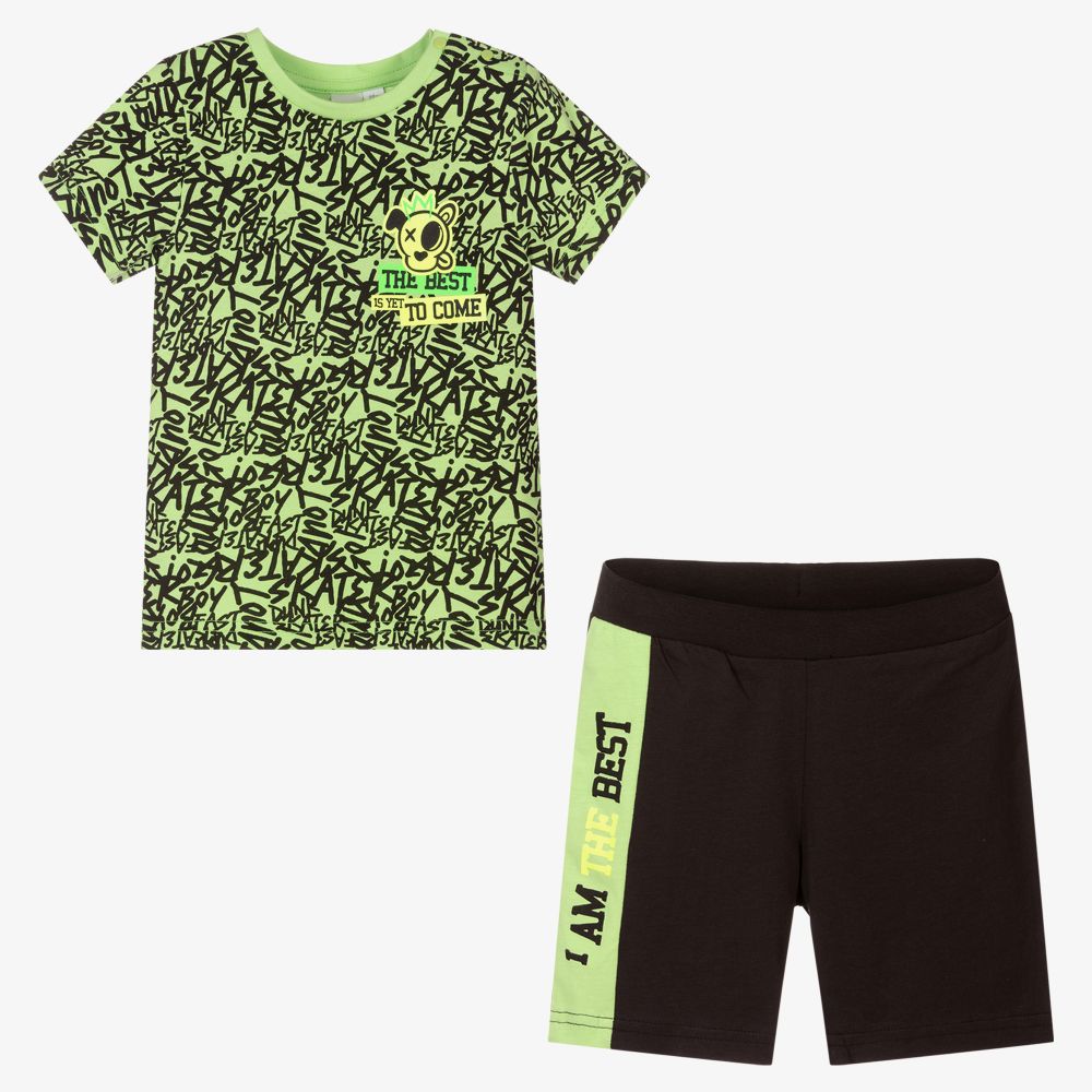 iDO Baby-طقم شورت قطن لون أخضر وأسود للأولاد | Childrensalon Outlet