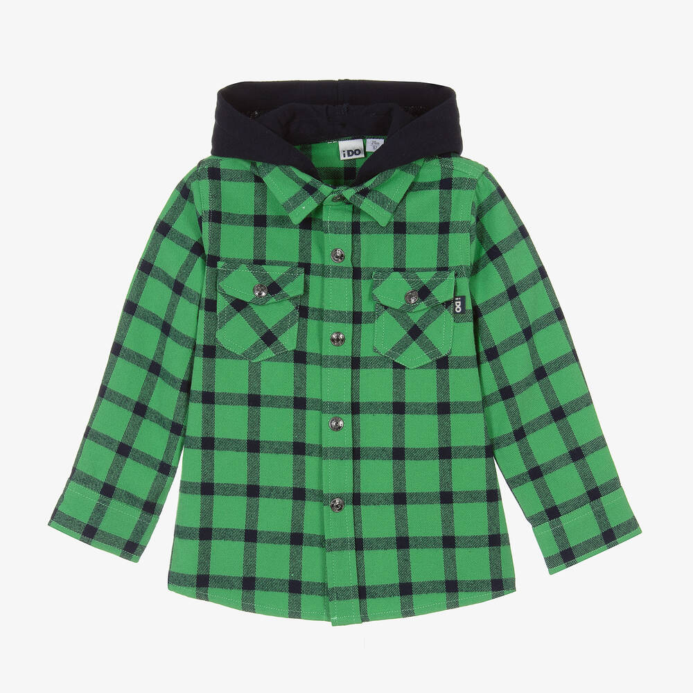 iDO Baby - Зеленая хлопковая рубашка в клетку с капюшоном | Childrensalon