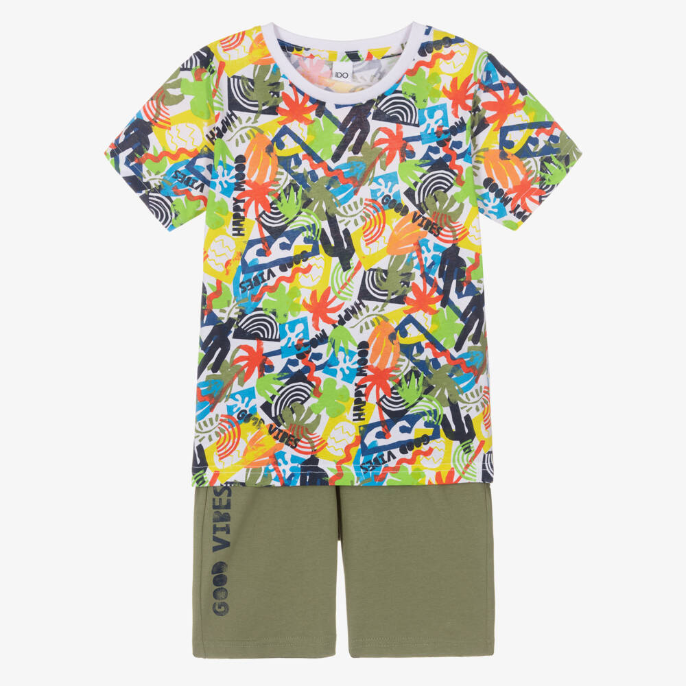 iDO-Boys Green Cotton Good Vibes Shorts Set | Childrensalon Outlet