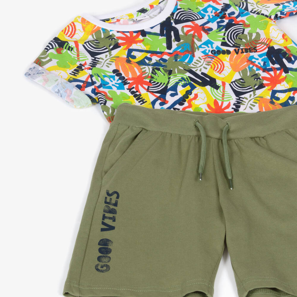 iDO-Boys Green Cotton Good Vibes Shorts Set | Childrensalon Outlet