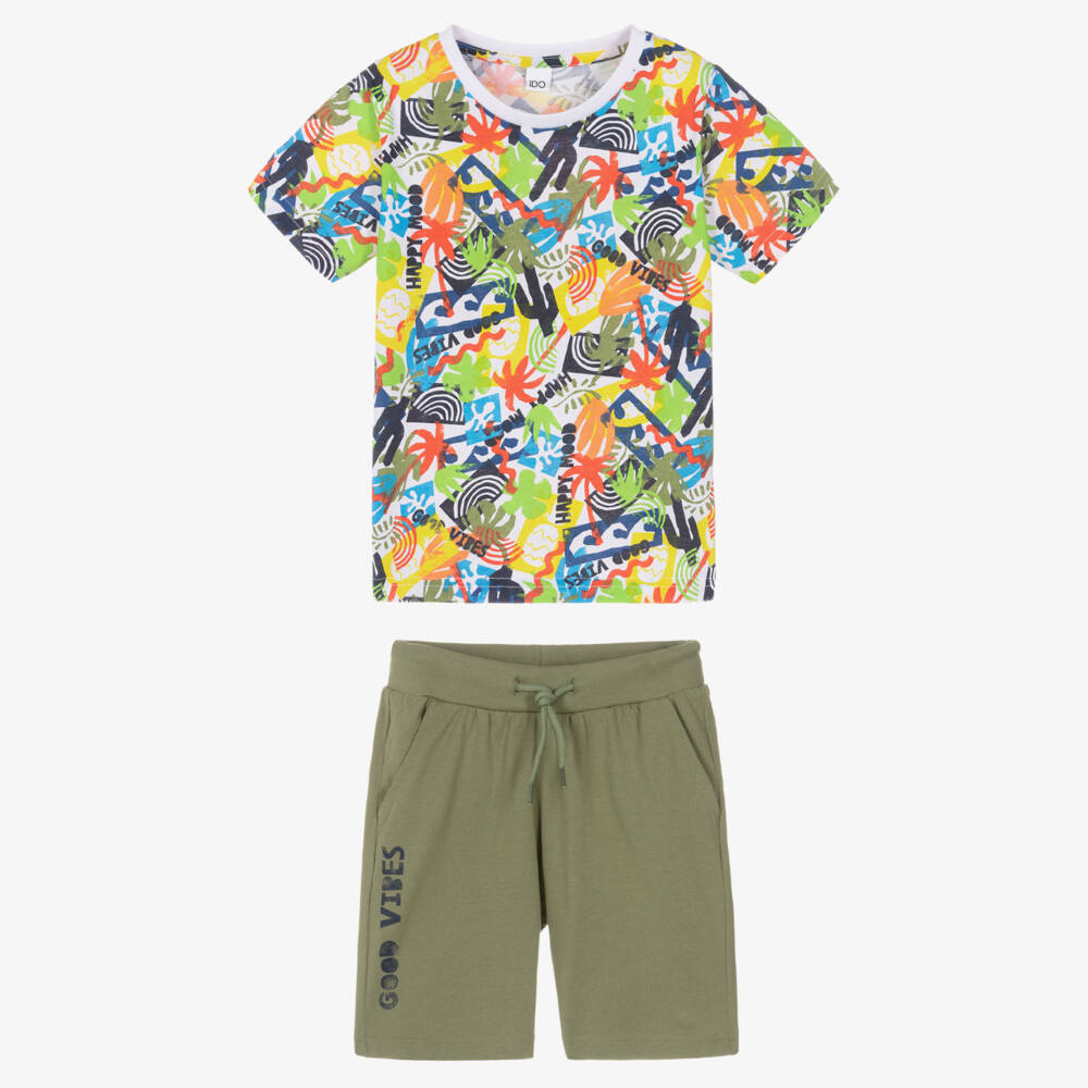 iDO-Boys Green Cotton Good Vibes Shorts Set | Childrensalon Outlet