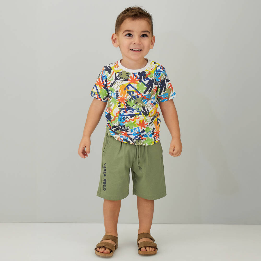 iDO-Boys Green Cotton Good Vibes Shorts Set | Childrensalon Outlet