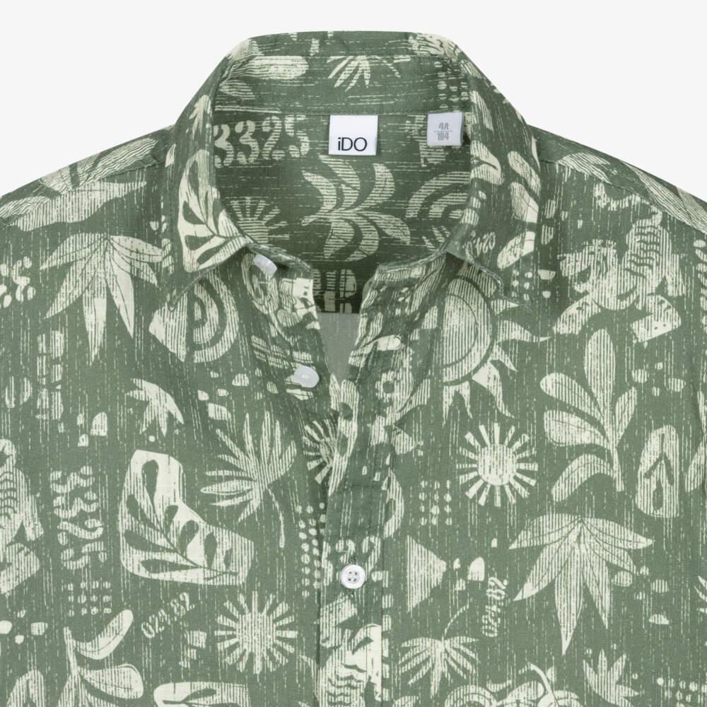 iDO-Boys Green & Ivory Printed Cotton Shirt | Childrensalon Outlet