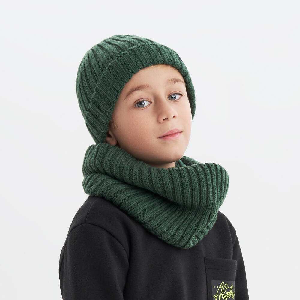 iDO Junior Boys Green Knitted Hat Snood Set
