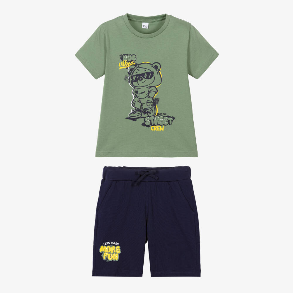 iDO-Boys Green & Navy Blue Cotton Shorts Set with NYC Bear Print | Childrensalon Outlet