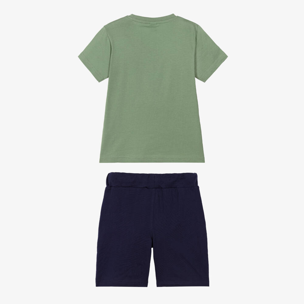 iDO-Boys Green & Navy Blue Cotton Shorts Set with NYC Bear Print | Childrensalon Outlet