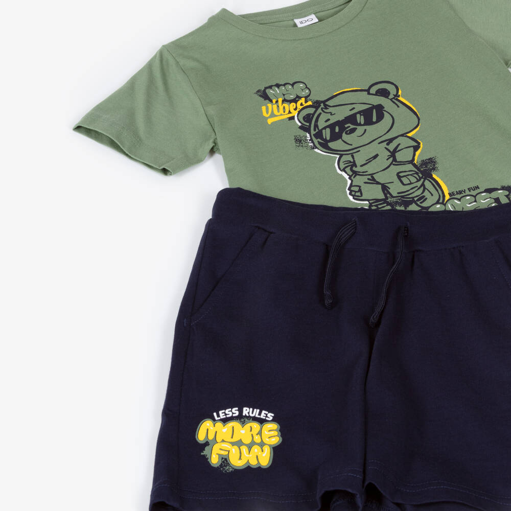 iDO-Boys Green & Navy Blue Cotton Shorts Set with NYC Bear Print | Childrensalon Outlet