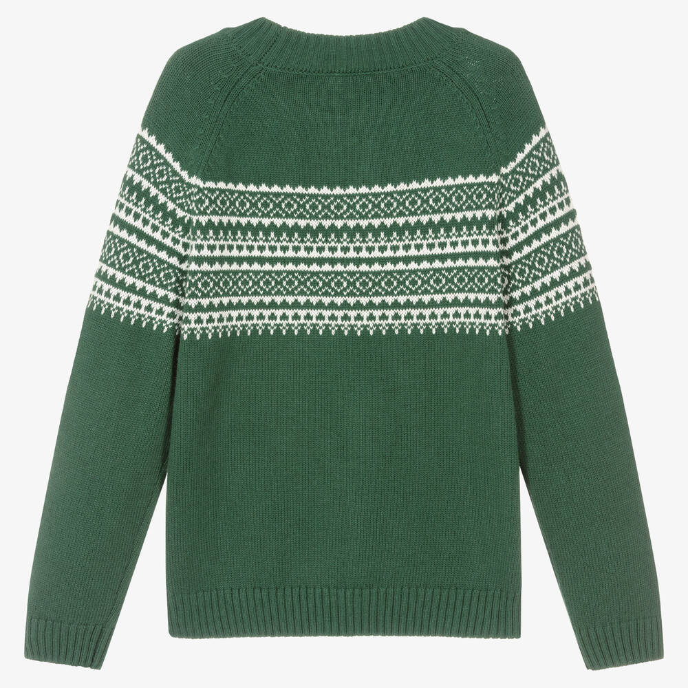 iDO Junior-Boys Green & White Fair Isle Knitted Jumper | Childrensalon Outlet