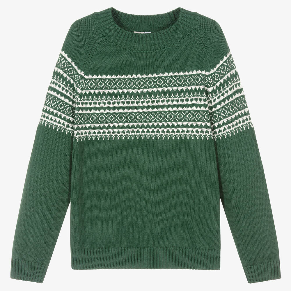 iDO Junior - Grün-weißer Fair-Isle-Strickpullover für Jungen | Childrensalon