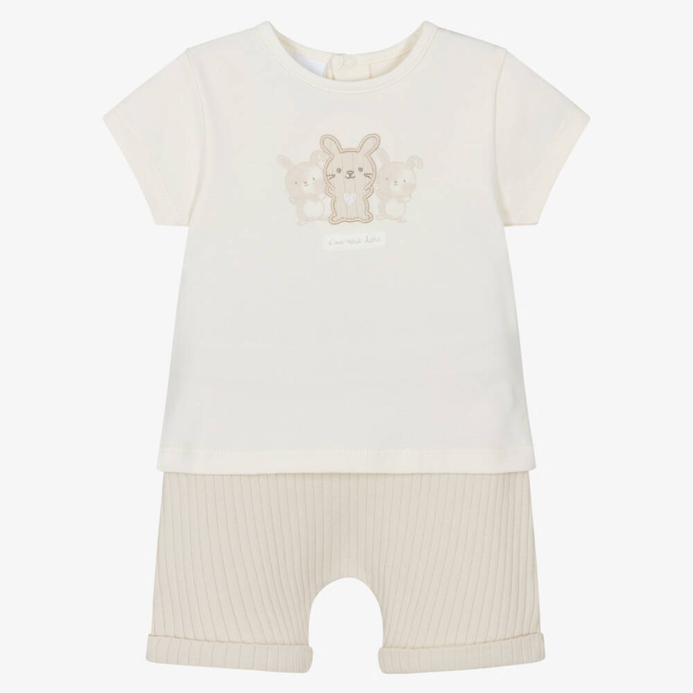 iDO Mini-Boys Ivory & Beige Cotton Bunny Shorts Set | Childrensalon Outlet