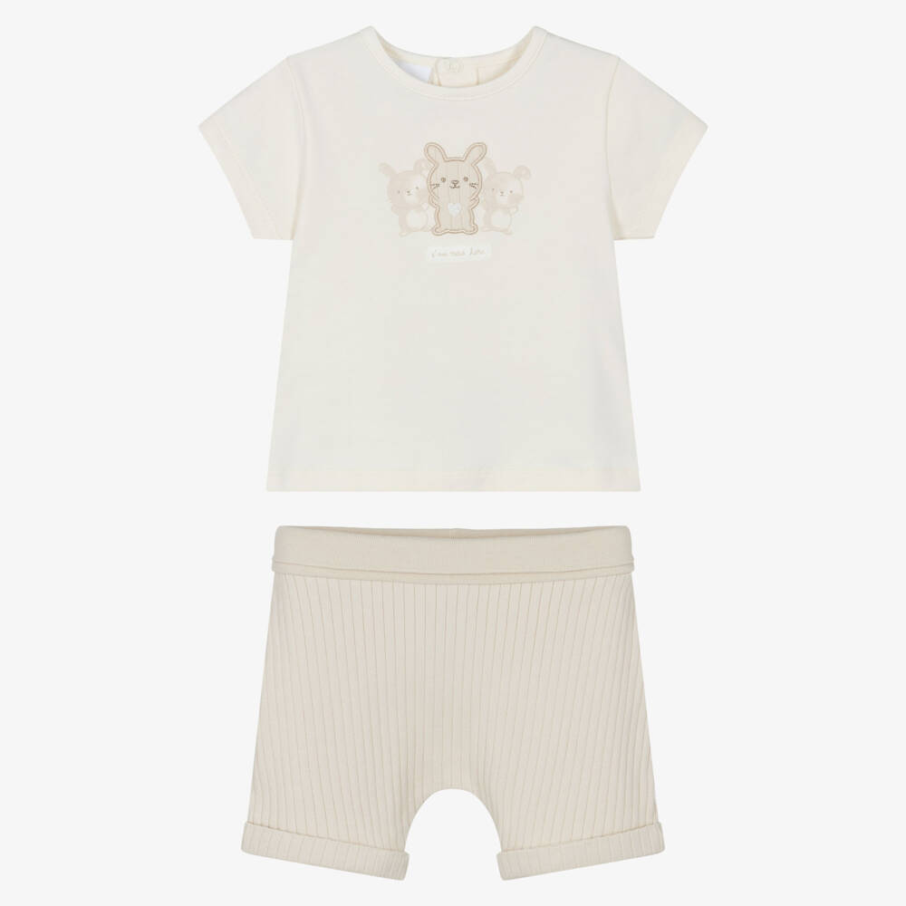 iDO Mini-Boys Ivory & Beige Cotton Bunny Shorts Set | Childrensalon Outlet