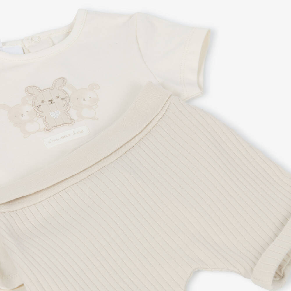 iDO Mini-Boys Ivory & Beige Cotton Bunny Shorts Set | Childrensalon Outlet