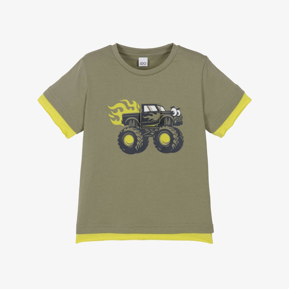 iDO-Boys Khaki Green Cotton Monster Truck T-Shirt | Childrensalon Outlet