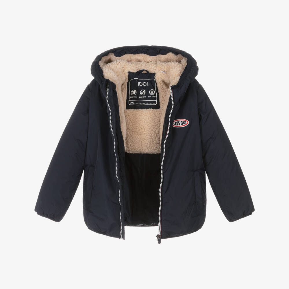 iDO-Boys Navy Blue Jacket with Sherpa Lined Hood | Childrensalon Outlet