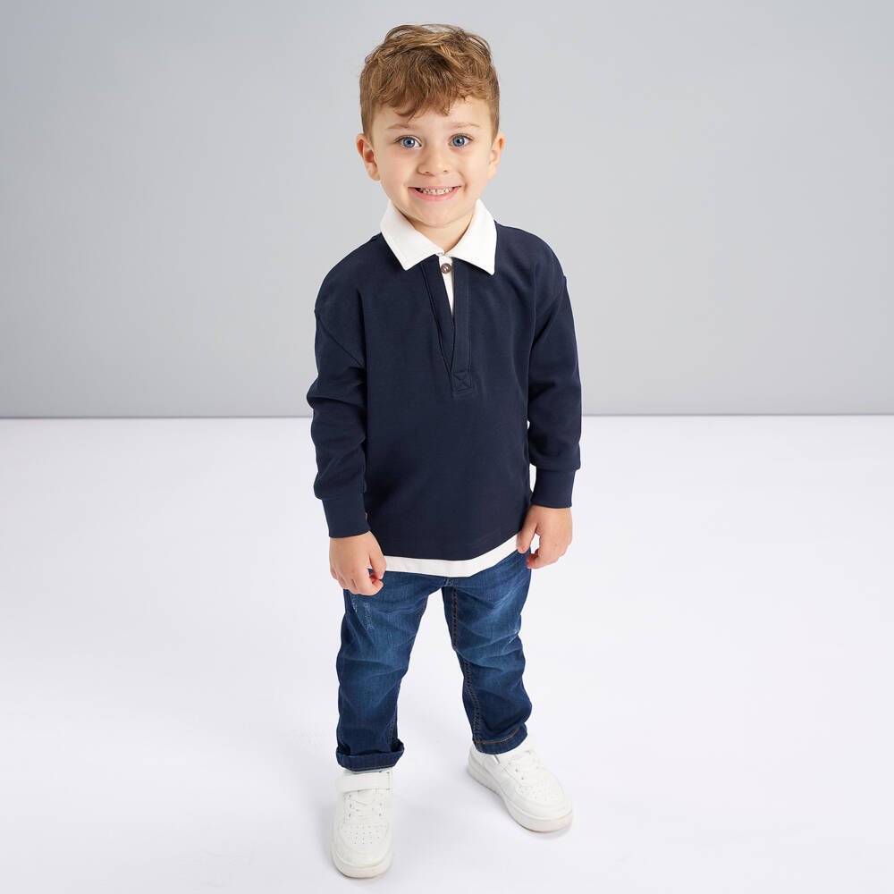 iDO-Boys Navy Blue & White Cotton Jersey Polo Shirt | Childrensalon Outlet