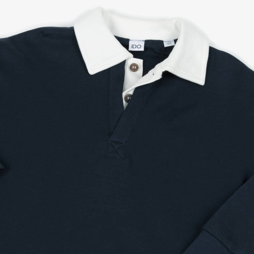iDO-Boys Navy Blue & White Cotton Jersey Polo Shirt | Childrensalon Outlet