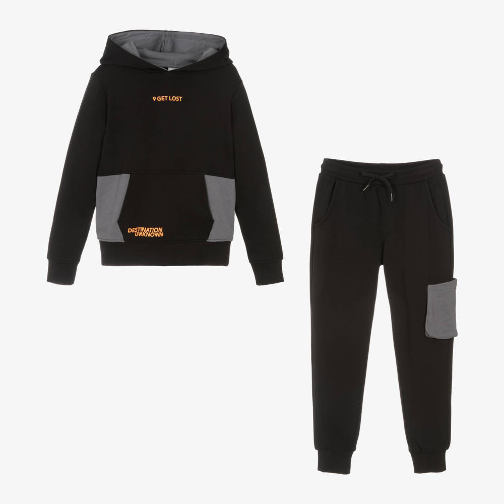 iDO Junior-Boys Sleek Black Cotton Tracksuit | Childrensalon Outlet