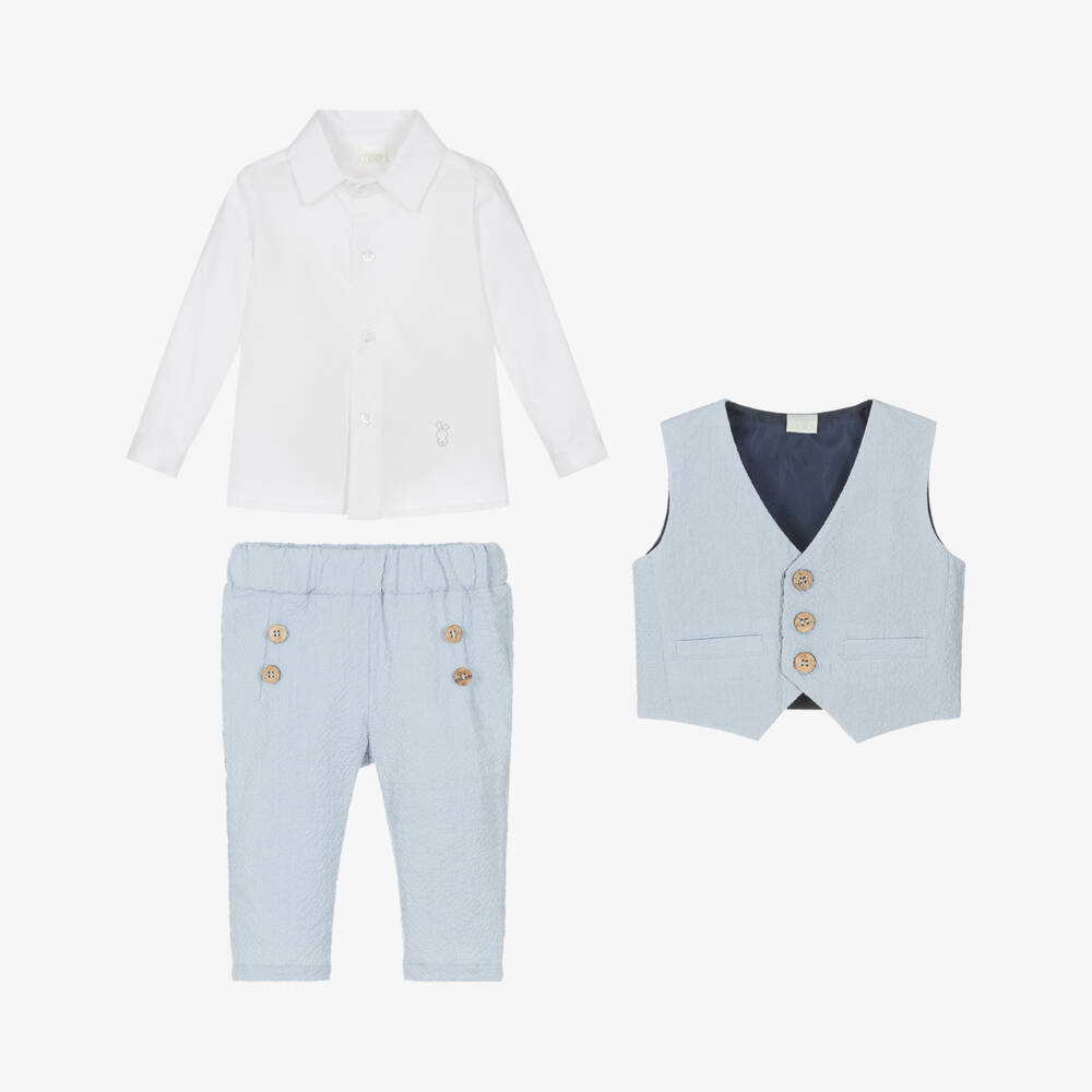 iDO Mini-Boys Soft Blue Seersucker Ensemble | Childrensalon Outlet
