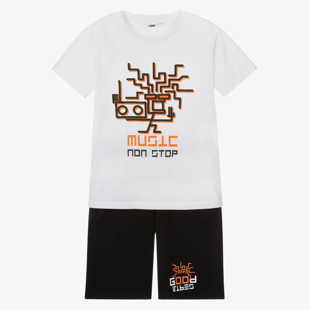 iDO Junior - Boys White & Black Cotton Shorts Set | Childrensalon