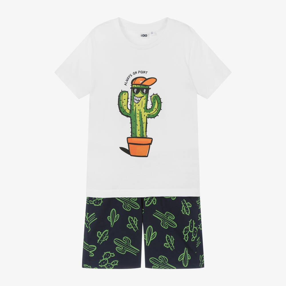 iDO Baby-Boys White & Blue Cotton Cactus Shorts Set | Childrensalon Outlet